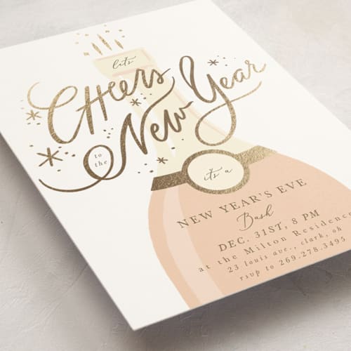 This is a blush holiday party invitations with foil pressed by Hannah Williams called champagne printing on signature in standard
