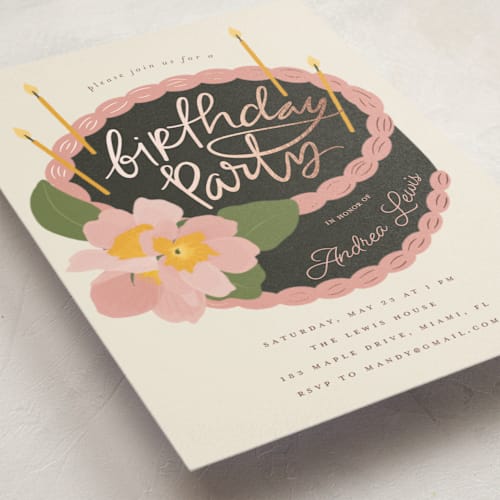 This is a cream holiday party invitations with foil pressed by Vera Lim called floral cake printing on signature in standard