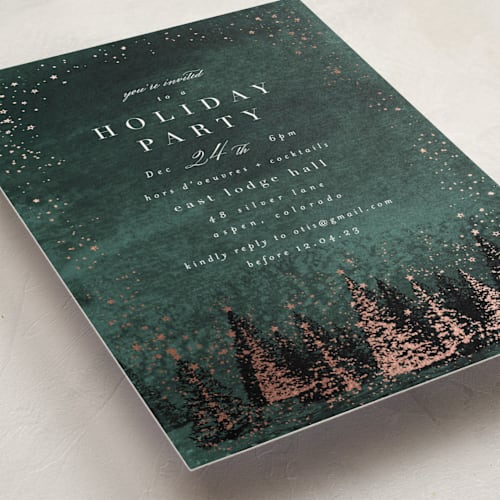This is a teal holiday party invitations with foil pressed by AK Graphics called frosted wonderland printing on signature in standard