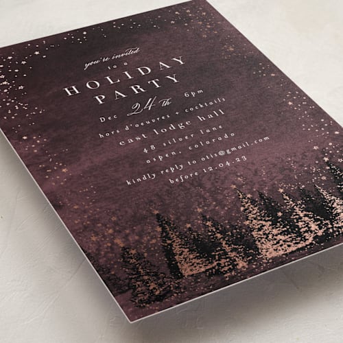 This is a sunset holiday party invitations with foil pressed by AK Graphics called frosted wonderland printing on signature in standard