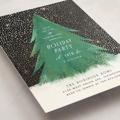 This is a night sky holiday party invitations with foil pressed by Julie Murray called snowfall printing on signature in standard