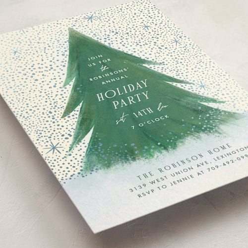 This is a blue spruce holiday party invitations with foil pressed by Julie Murray called snowfall printing on signature in standard