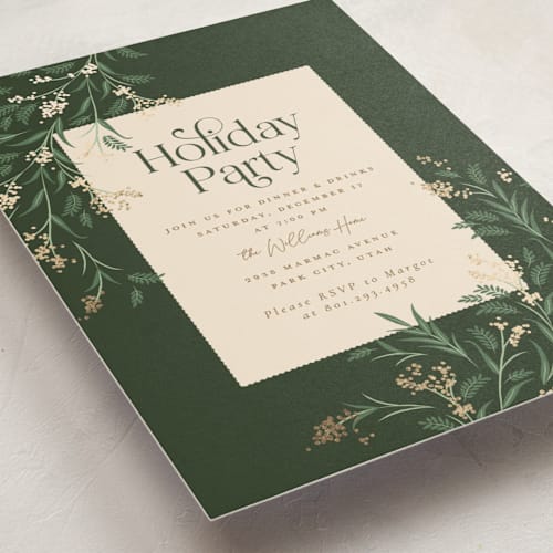 This is a pine holiday party invitations with foil pressed by Robert and Stella called draped garland printing on signature in standard