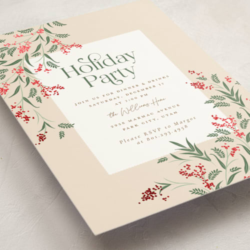This is a cream holiday party invitations with foil pressed by Robert and Stella called draped garland printing on signature in standard
