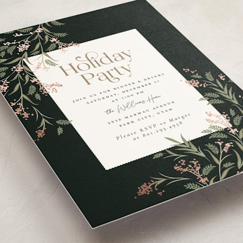 This is a onyx holiday party invitations with foil pressed by Robert and Stella called draped garland printing on signature in standard