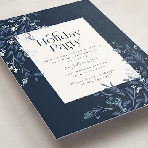 This is a navy holiday party invitations with foil pressed by Robert and Stella called draped garland printing on signature in standard
