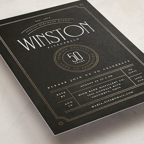 This is a charcoal holiday party invitations with foil pressed by Heather Schertzer called aged to perfection printing on signature in standard