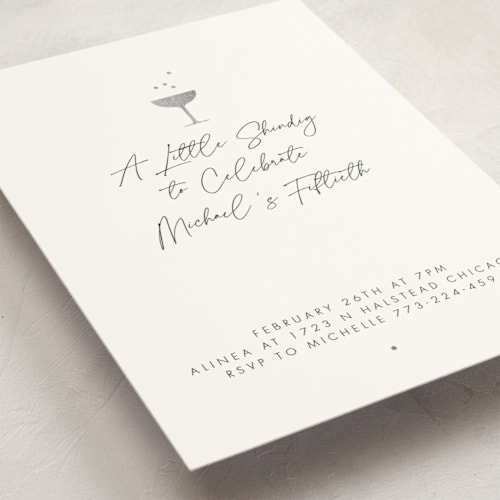 This is a pearl holiday party invitations with foil pressed by mo kelley called a little shindig printing on signature in standard