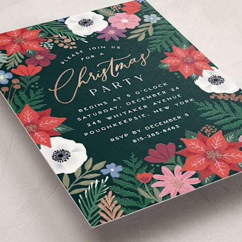 This is a coal holiday party invitations with foil pressed by Hooray Creative called christmas florals printing on signature in standard