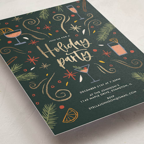 This is a forest holiday party invitations with foil pressed by Marie Bloch-Laine called holiday party printing on signature in standard