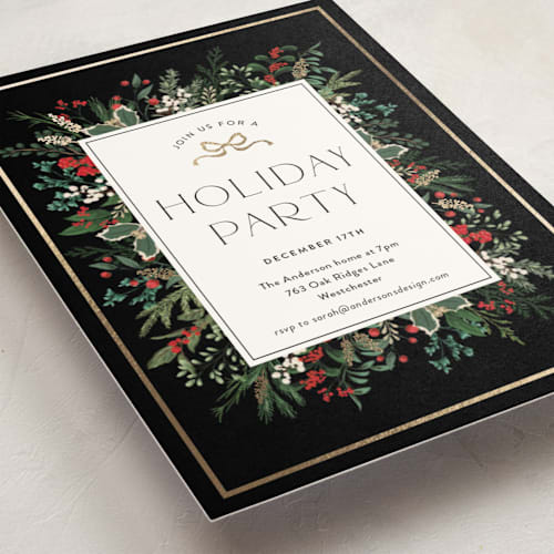 This is a ebony holiday party invitations with foil pressed by Susan Moyal called holiday bash printing on signature in standard