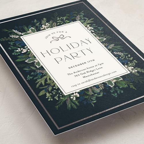 This is a blue spruce holiday party invitations with foil pressed by Susan Moyal called holiday bash printing on signature in standard