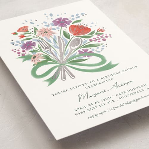 This is a garden holiday party invitations with foil pressed by Paper Sun Studio called brunch bouquet printing on signature in standard