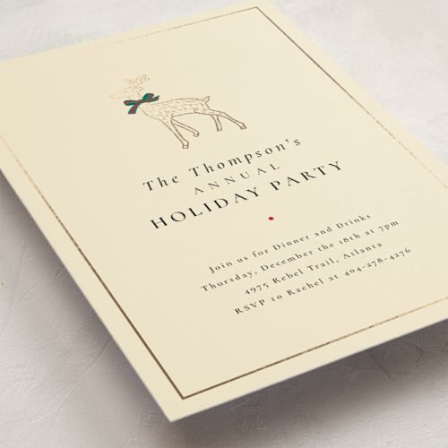 This is a creme holiday party invitations with foil pressed by mo kelley called decked out deer printing on signature in standard