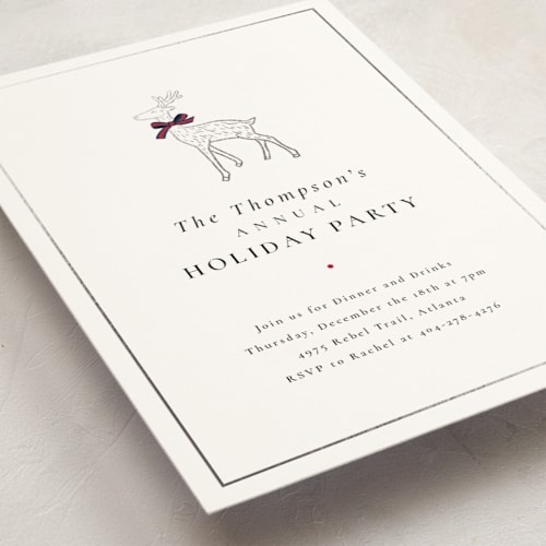 This is a navy holiday party invitations with foil pressed by mo kelley called decked out deer printing on signature in standard