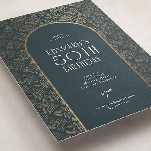 This is a teal holiday party invitations with foil pressed by Tamara Hilje called vitrola printing on signature in standard
