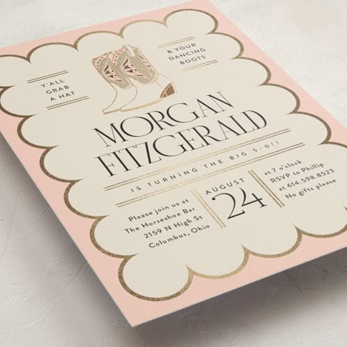 This is a blush holiday party invitations with foil pressed by Heather Schertzer called dancing boots printing on signature in standard