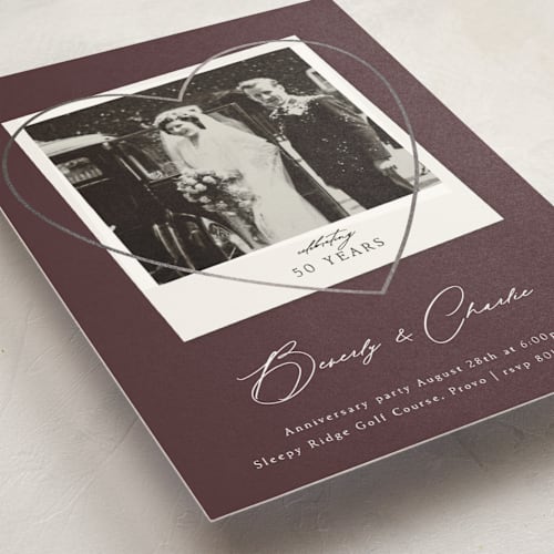 This is a wine holiday party invitations with foil pressed by Stephanie Hawkes called vintage photo anniversary printing on signature in standard