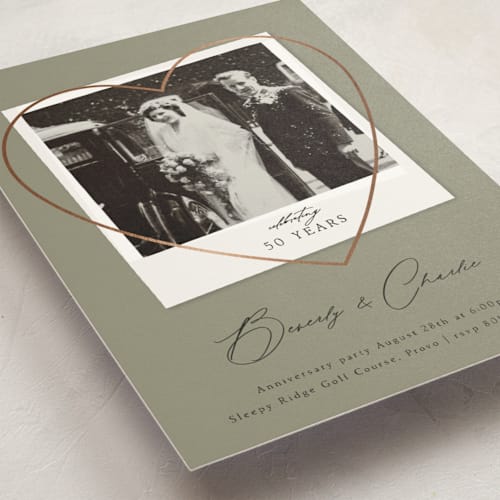 This is a sage holiday party invitations with foil pressed by Stephanie Hawkes called vintage photo anniversary printing on signature in standard