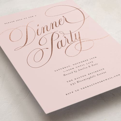 This is a rose holiday party invitations with foil pressed by Spinsugar called fancy feast printing on signature in standard