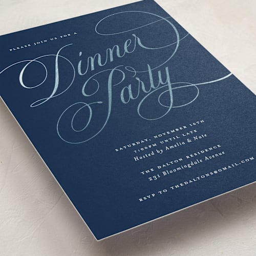 This is a navy holiday party invitations with foil pressed by Spinsugar called fancy feast printing on signature in standard