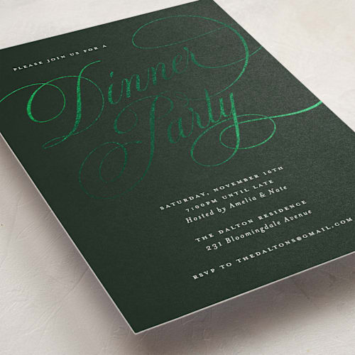 This is a forest holiday party invitations with foil pressed by Spinsugar called fancy feast printing on signature in standard