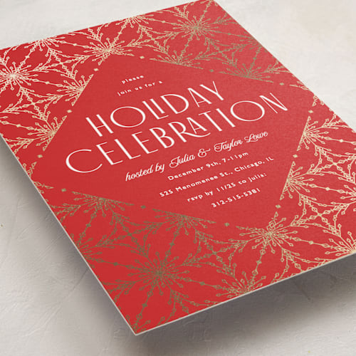 This is a cardinal holiday party invitations with foil pressed by Melanie Kosuge called filigree printing on signature in standard
