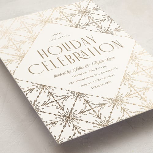 This is a starlight holiday party invitations with foil pressed by Melanie Kosuge called filigree printing on signature in standard