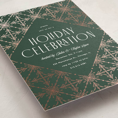 This is a evergreen holiday party invitations with foil pressed by Melanie Kosuge called filigree printing on signature in standard