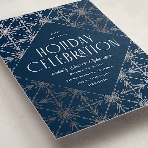 This is a midnight holiday party invitations with foil pressed by Melanie Kosuge called filigree printing on signature in standard