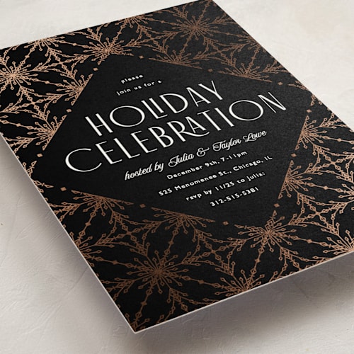This is a ink holiday party invitations with foil pressed by Melanie Kosuge called filigree printing on signature in standard