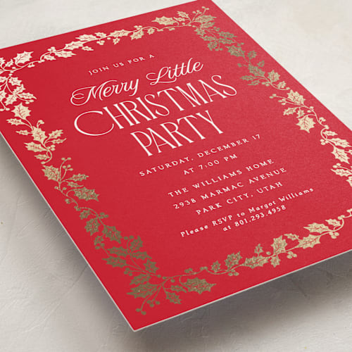 This is a poinsettia holiday party invitations with foil pressed by Robert and Stella called holly border printing on signature in standard