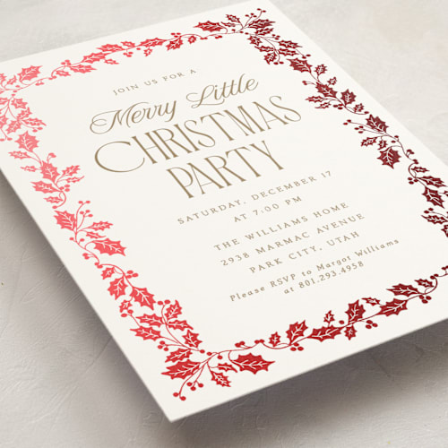 This is a snow holiday party invitations with foil pressed by Robert and Stella called holly border printing on signature in standard