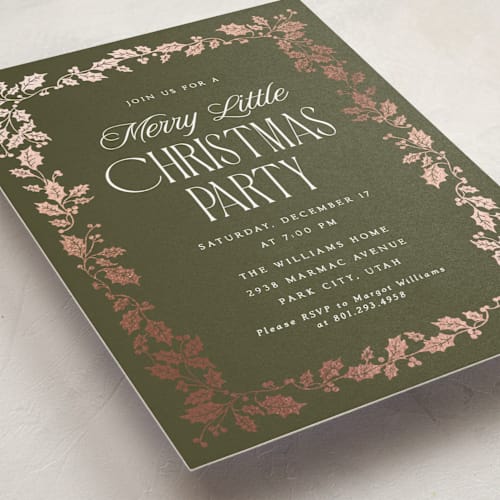 This is a pine holiday party invitations with foil pressed by Robert and Stella called holly border printing on signature in standard
