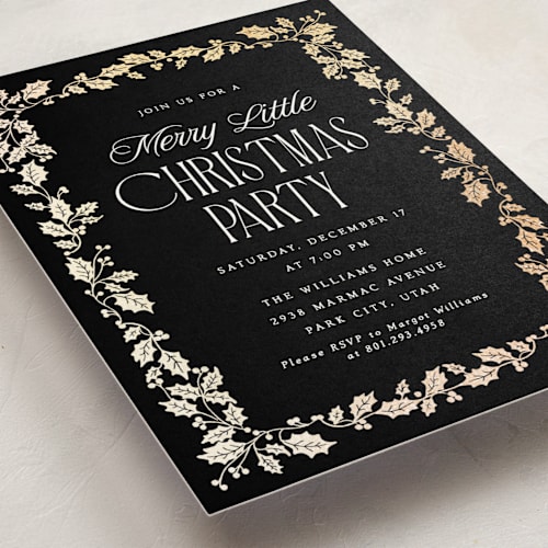 This is a coal holiday party invitations with foil pressed by Robert and Stella called holly border printing on signature in standard