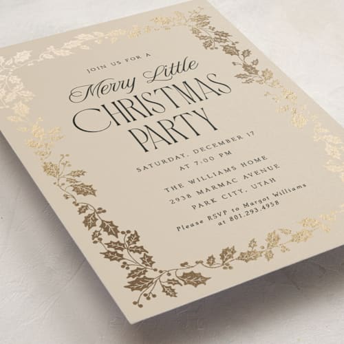 This is a eggnog holiday party invitations with foil pressed by Robert and Stella called holly border printing on signature in standard