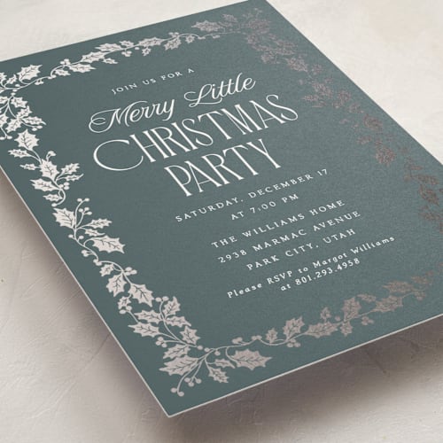 This is a blue spruce holiday party invitations with foil pressed by Robert and Stella called holly border printing on signature in standard