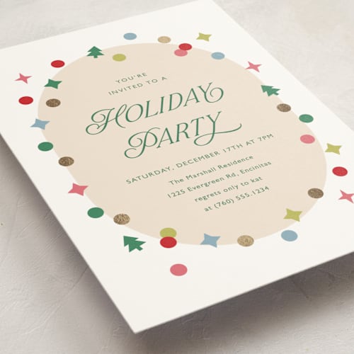 This is a rainbow holiday party invitations with foil pressed by Carolyn MacLaren called holiday confetti printing on signature in standard