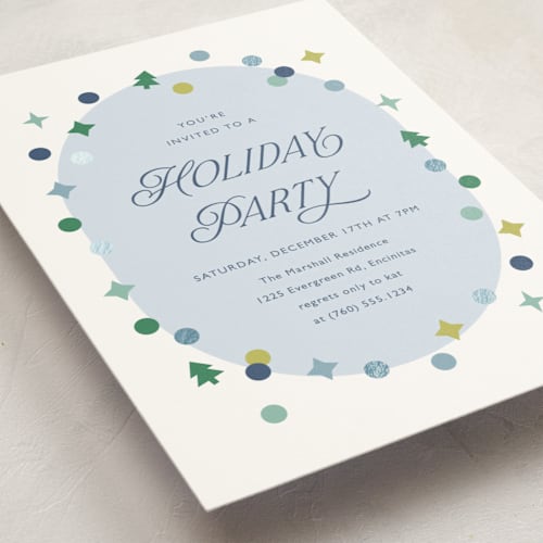 This is a sky holiday party invitations with foil pressed by Carolyn MacLaren called holiday confetti printing on signature in standard