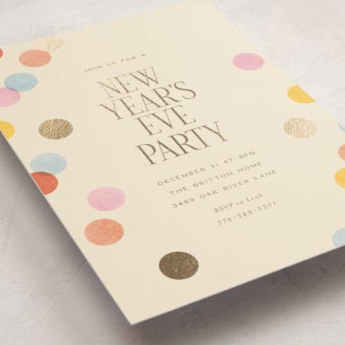 This is a coral holiday party invitations with foil pressed by Ellen Schlegelmilch called confetti dots printing on signature in standard