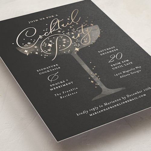 This is a midnight holiday party invitations with foil pressed by Paper Raven Co. called cocktails! printing on signature in standard