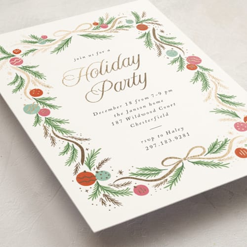 This is a holly holiday party invitations with foil pressed by Laura Hankins called glittering garland printing on signature in standard
