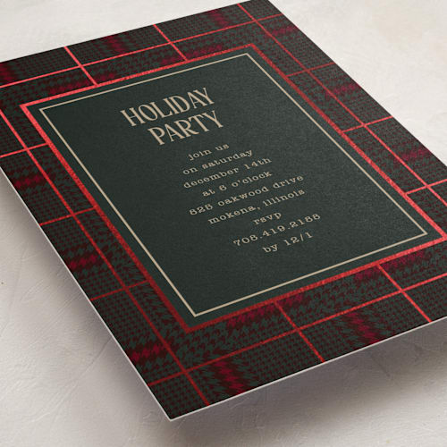 This is a holly holiday party invitations with foil pressed by Baumbirdy called plaid party printing on signature in standard