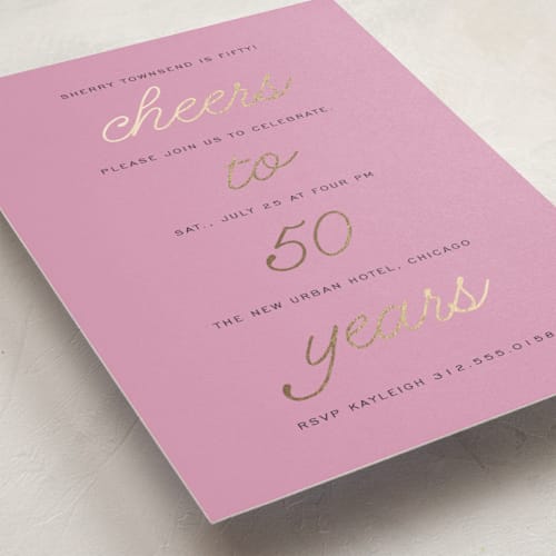 This is a lilac holiday party invitations with foil pressed by Louise Kay called cheers celebration printing on signature in standard