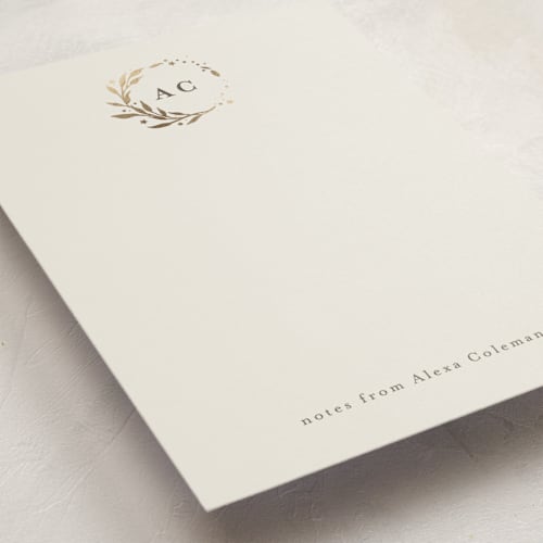This is a golden personalized stationery thank you cards with foil pressed by Anastasia Makarova called lovely wreath printing on signature in 5x7