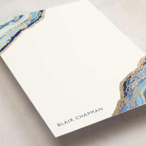 This is a navy personalized stationery thank you cards with foil pressed by Kaydi Bishop called gilt agate printing on signature in 5x7