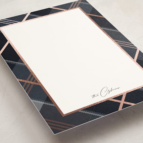 This is a midnight personalized stationery thank you cards with foil pressed by Rebecca Durflinger called shimmering tartan printing on signature in 5x7