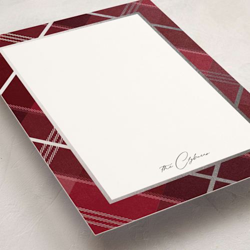 This is a cranberry personalized stationery thank you cards with foil pressed by Rebecca Durflinger called shimmering tartan printing on signature in 5x7