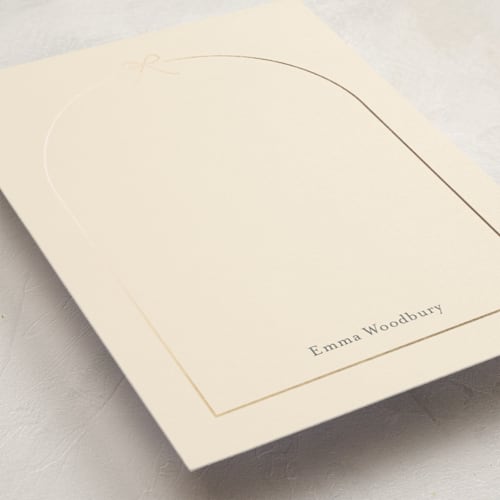 This is a creampuff personalized stationery thank you cards with foil pressed by Carolyn MacLaren called arching bow printing on signature in 5x7