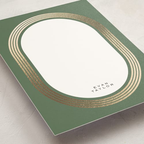 This is a pine personalized stationery thank you cards with foil pressed by Brittany Braithwaite called gilded ovals printing on signature in 5x7